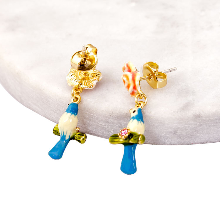 Flower Blue Bird Enamel Earrings Jewelry Stud Earrings