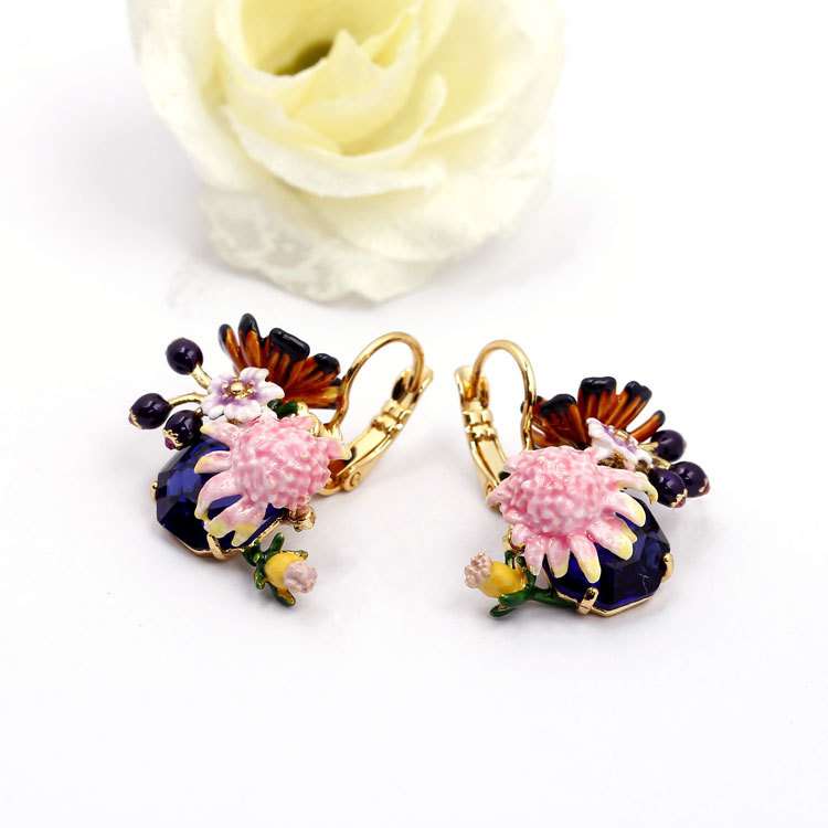 Flower Blue Gem Enamel Earrings Jewelry Hook Earrings