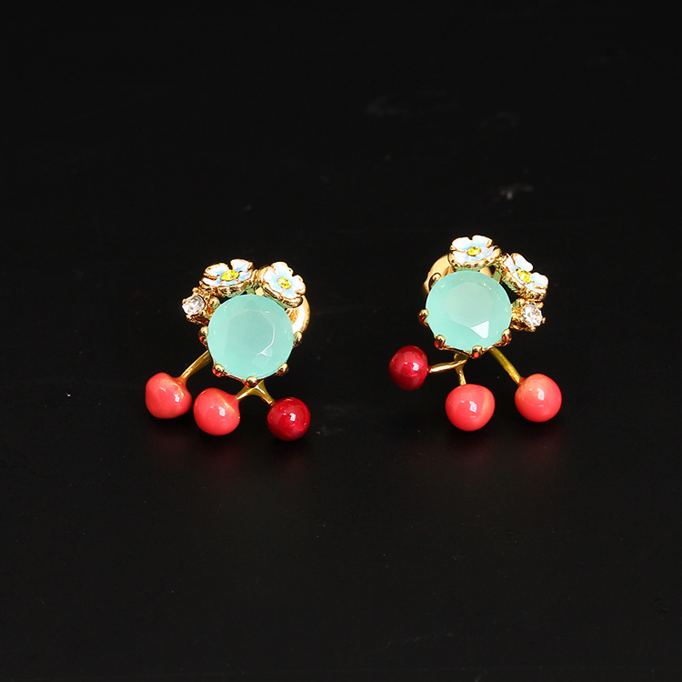 Flower Cherry Gem Enamel Earrings Jewelry Stud Earrings