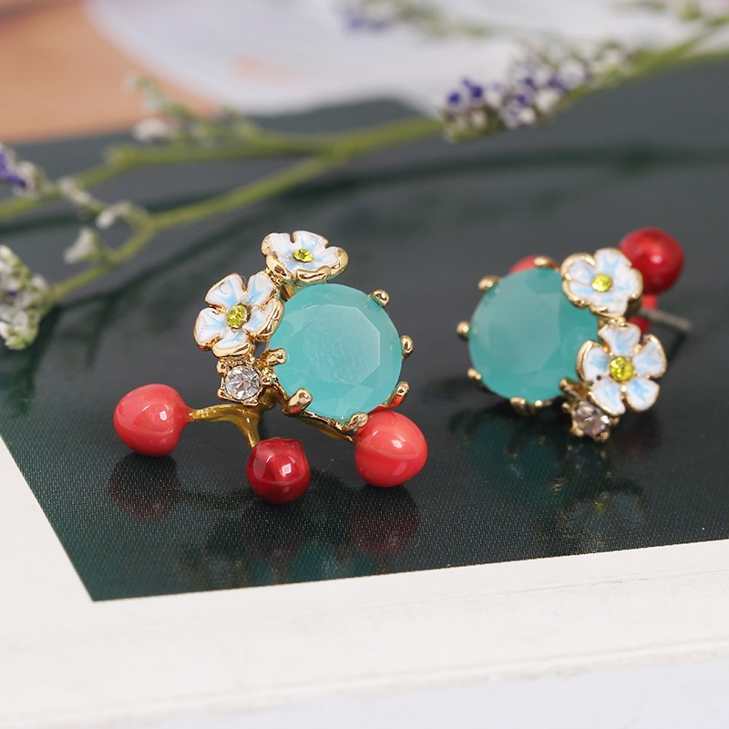 Enamel Glazed Rose White Snow Series Bunny Flower Gemstones Gold Plated 925 Silver Needle