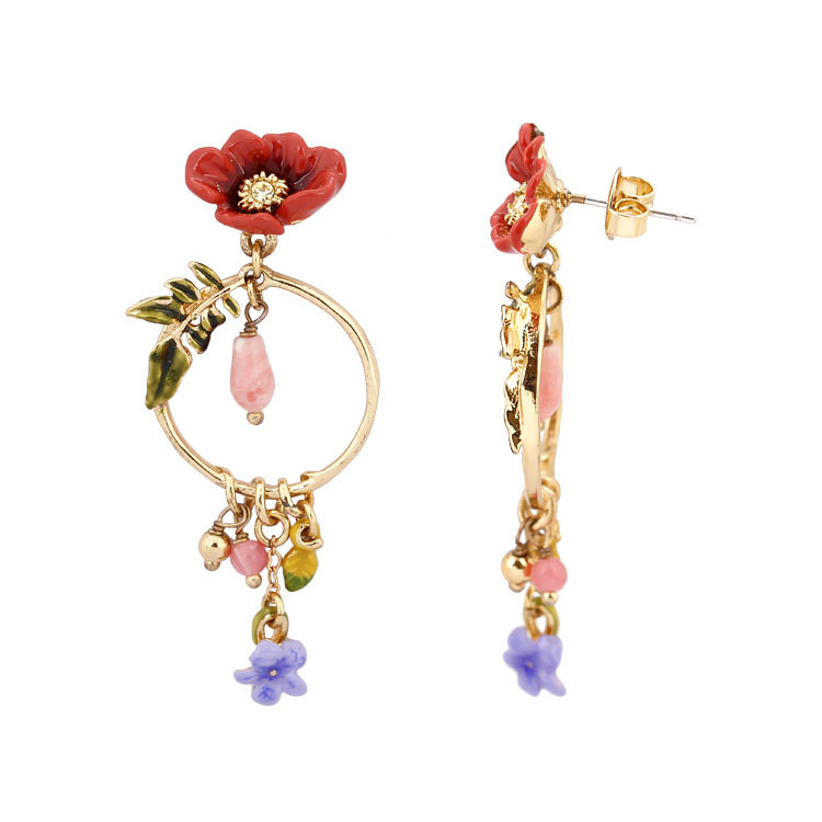 Flower Circle Pendant Beads Enamel Earrings Jewelry Stud Earrings