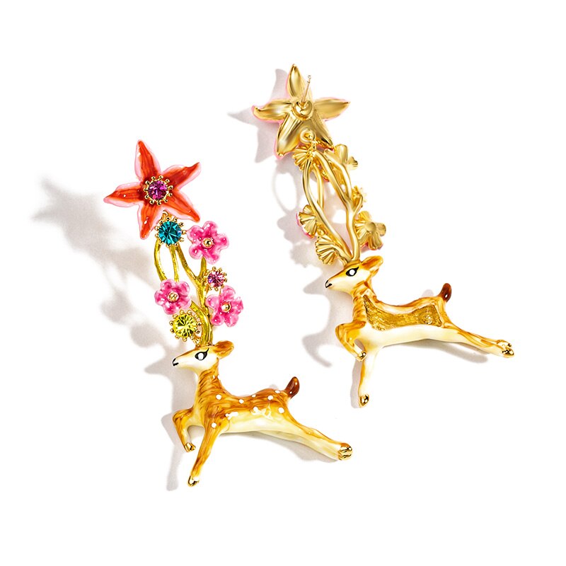 Enamel Glazed Star Flower Pearl Stud Earrings 925 Silver Needle