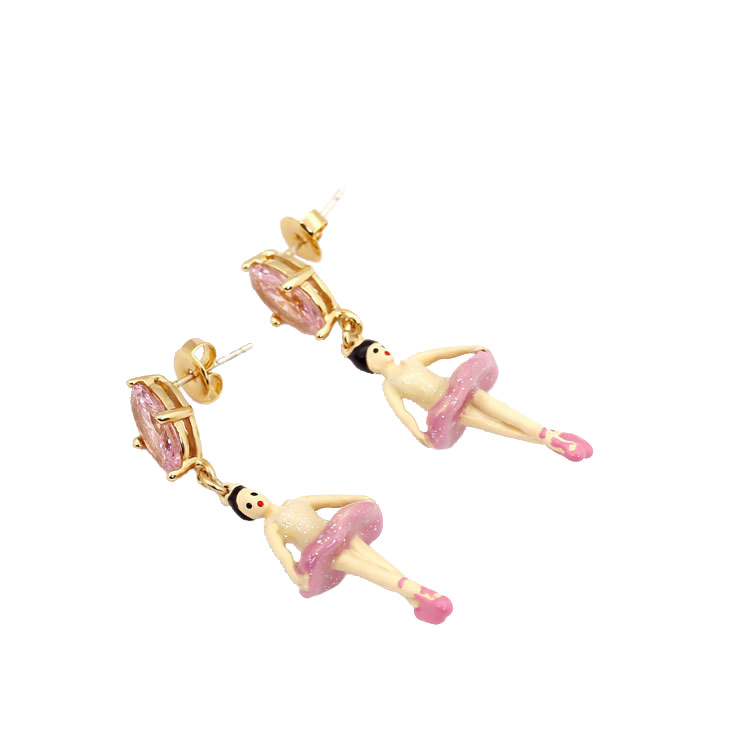 Ballet Girl Pink Crystal Enamel Earrings Jewelry Stud Earrings