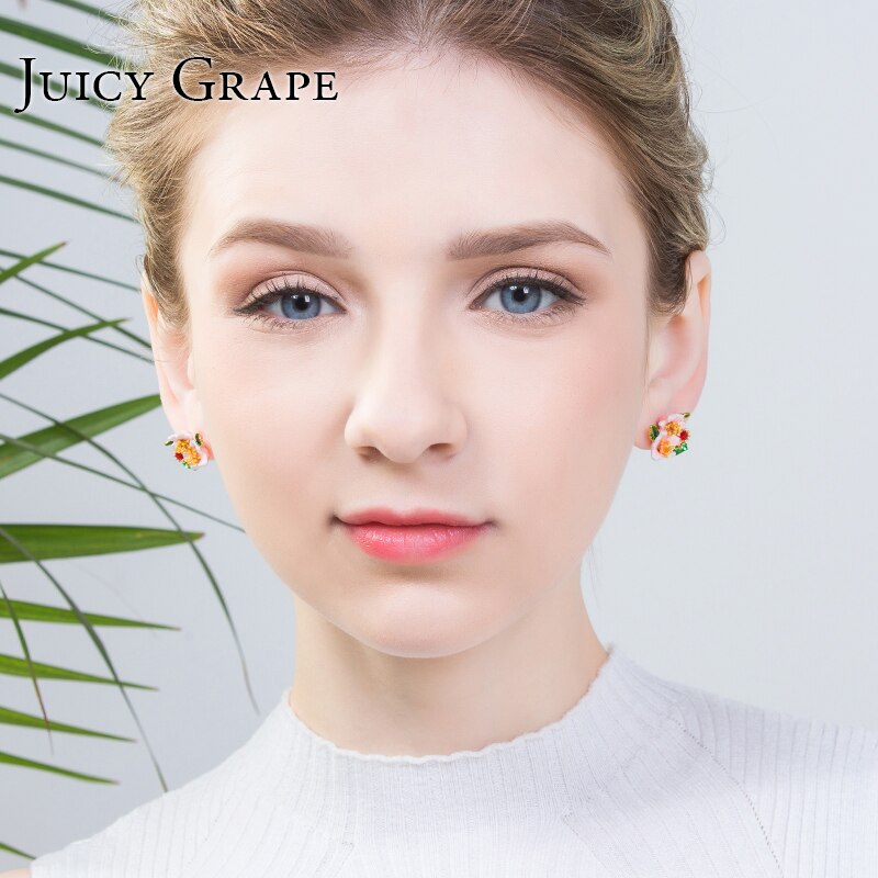 Enamel Glazed Peony Flower Garden Series Crystal Rhinestone Stud Earrings 925 Silver Needle