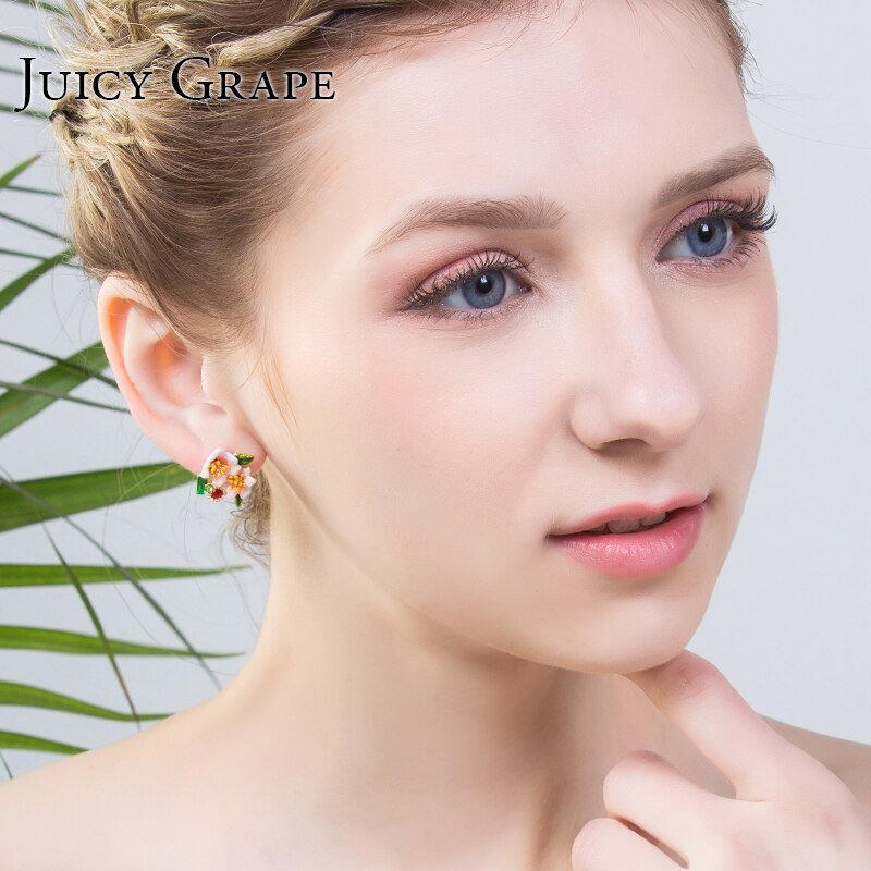 Enamel Glazed Peony Flower Garden Series Crystal Rhinestone Stud Earrings 925 Silver Needle