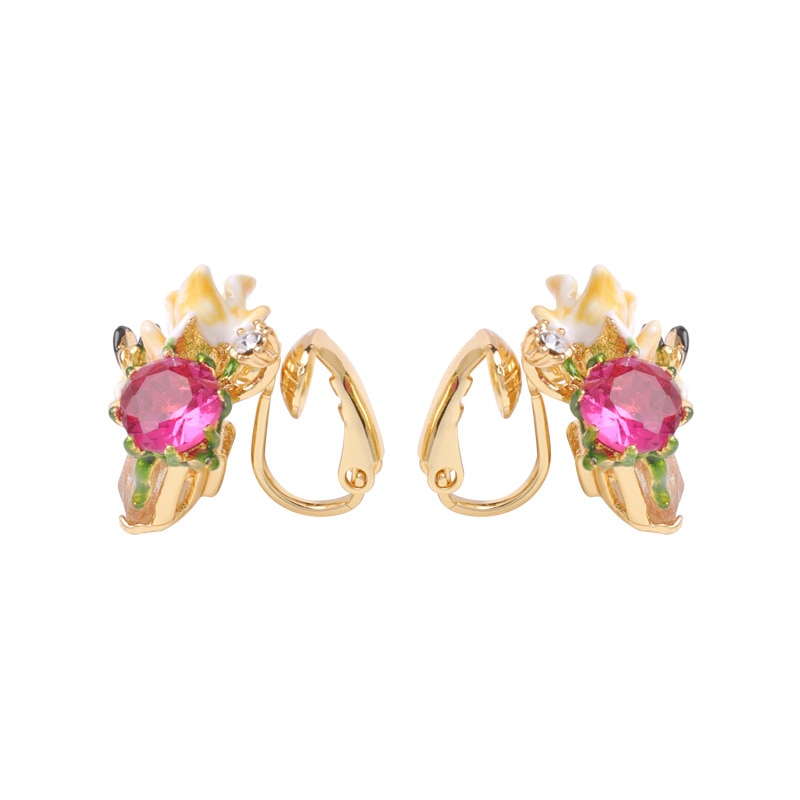 Enamel Glazed Pink Flower Branches Crystal Rhinestone Earrings 925 Silver Needle