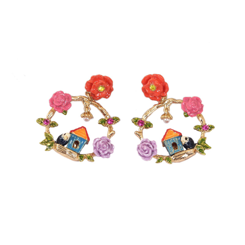 Flower House Bird Enamel Earrings Jewelry Stud Earrings