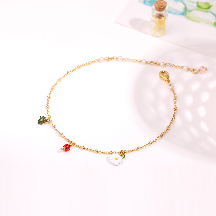 Flower Ladybug Pendant Gold Plated Jewelry Enamel Bracelet