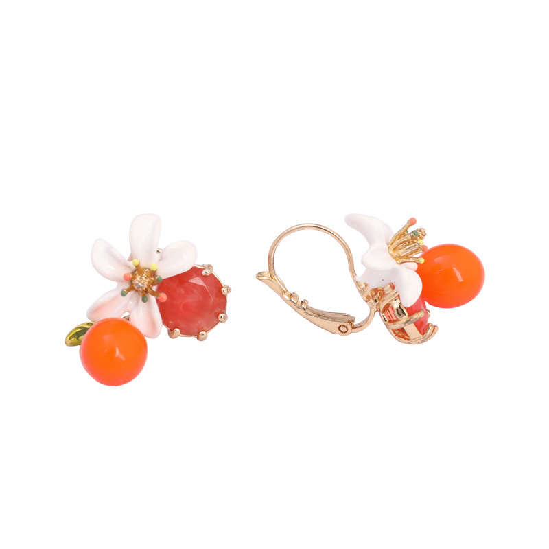 Flower Orange 925 Silver Enamel Jewelry Stud Clip Hook Earrings