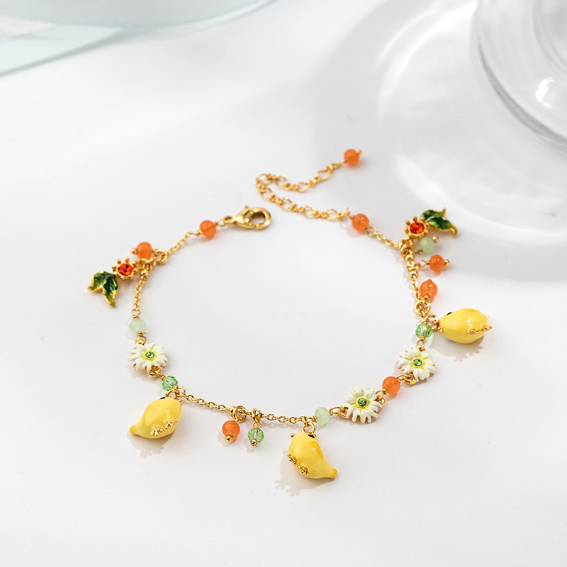 Enamel Glazed Three Yellow Chicken Daisy Flowers Crystal Bracelet