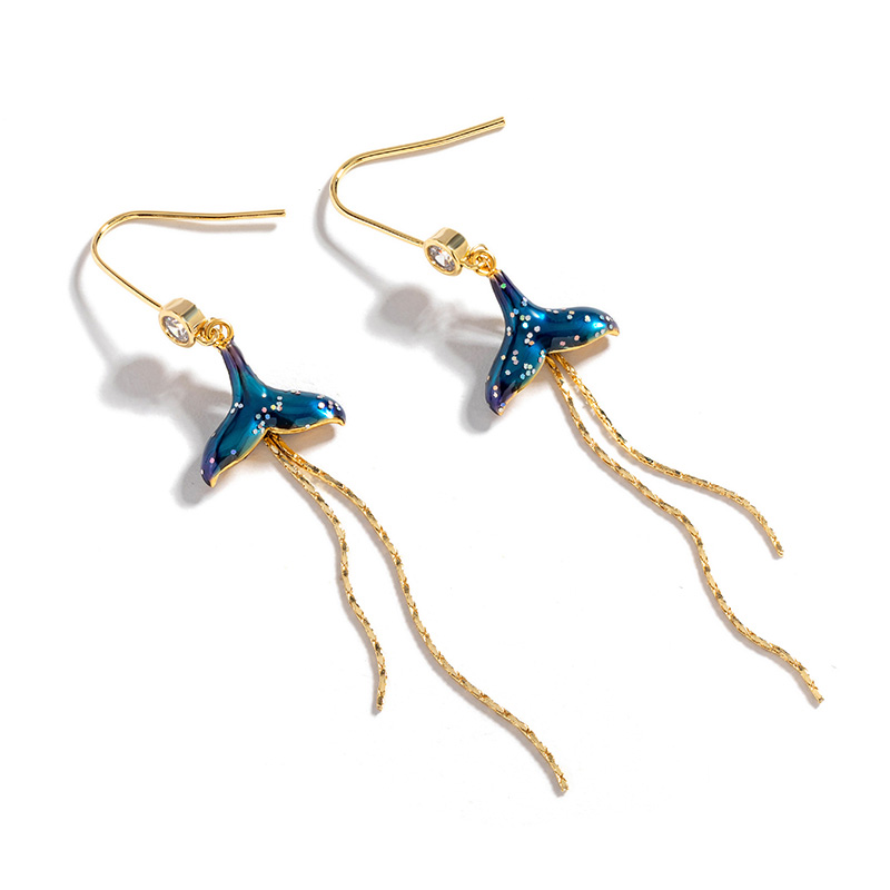 Dolphin Fish Tail Long Tassel  Enamel Hook Earrings