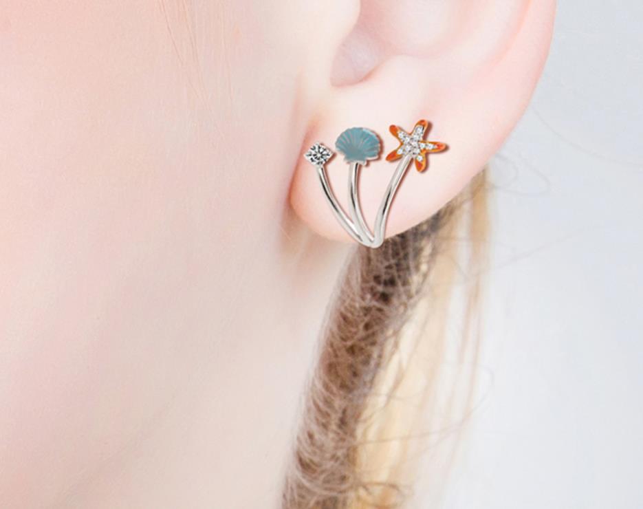 Shell Starfish Zircon Enamel Earrings