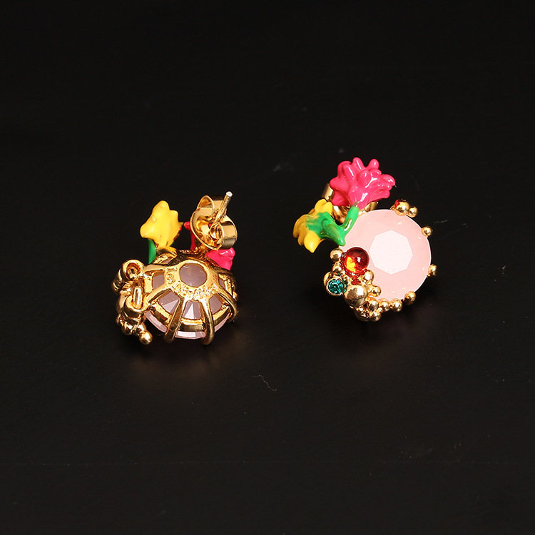 Flower And Stone Enamel Stud Earrings