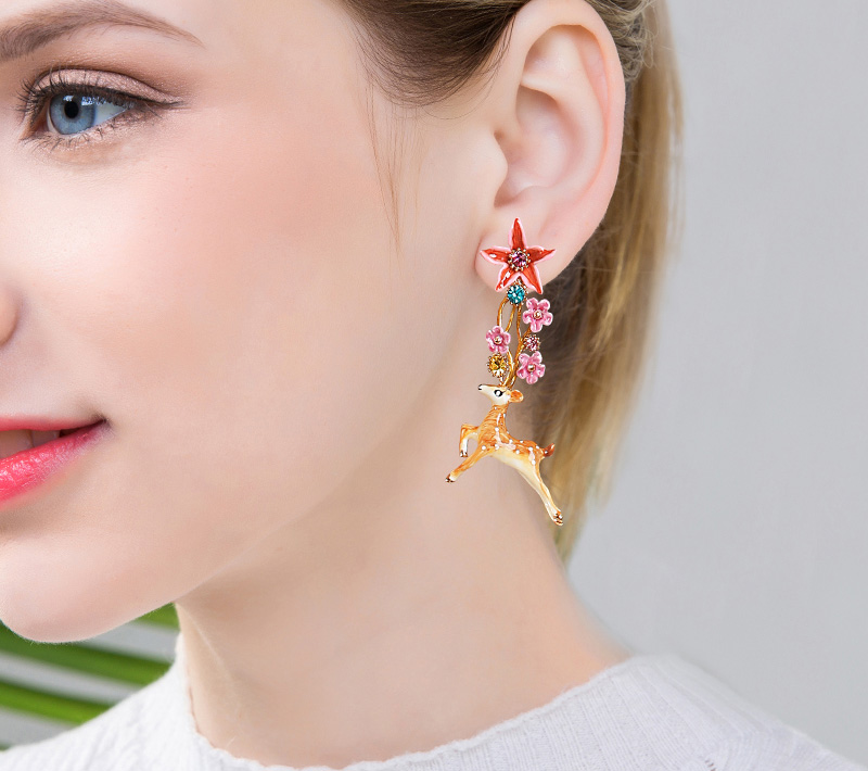 Flower Deer And Crystal Enamel Earrings