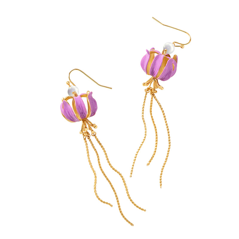 Pink Purple Flower Natural Pearl Tassel Enamel Hook Earrings