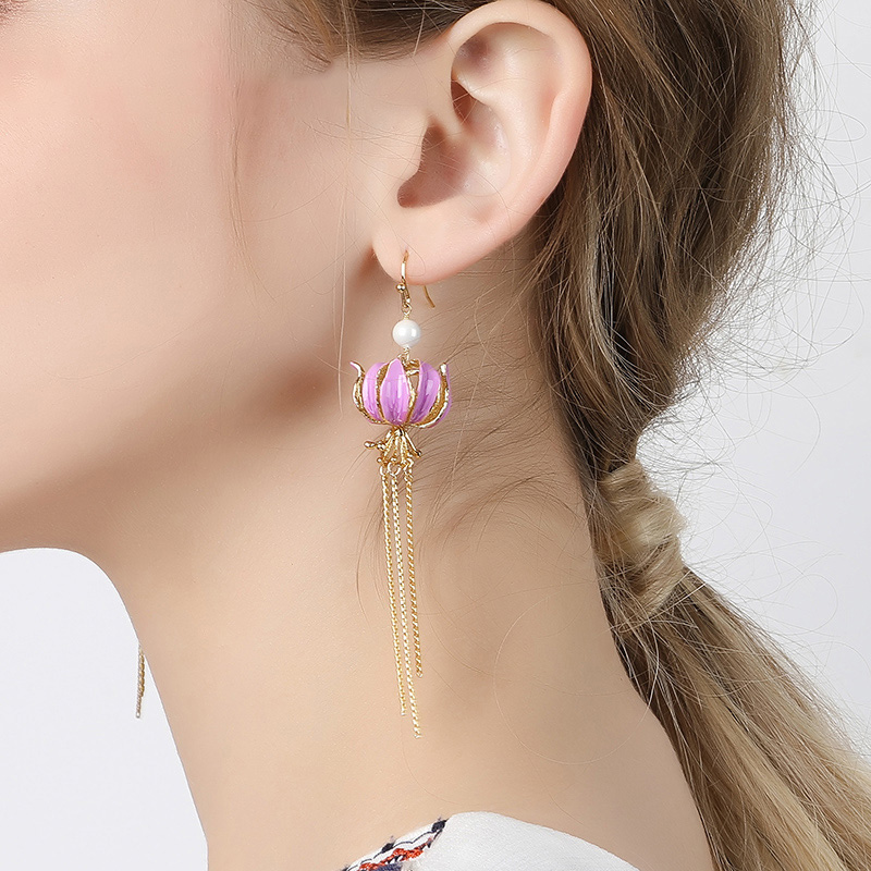 Pink Purple Flower Natural Pearl Tassel Enamel Hook Earrings