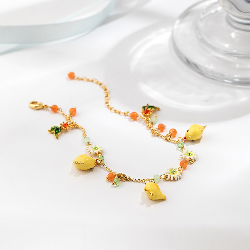 Enamel Glazed Three Yellow Chicken Daisy Flowers Crystal Bracelet