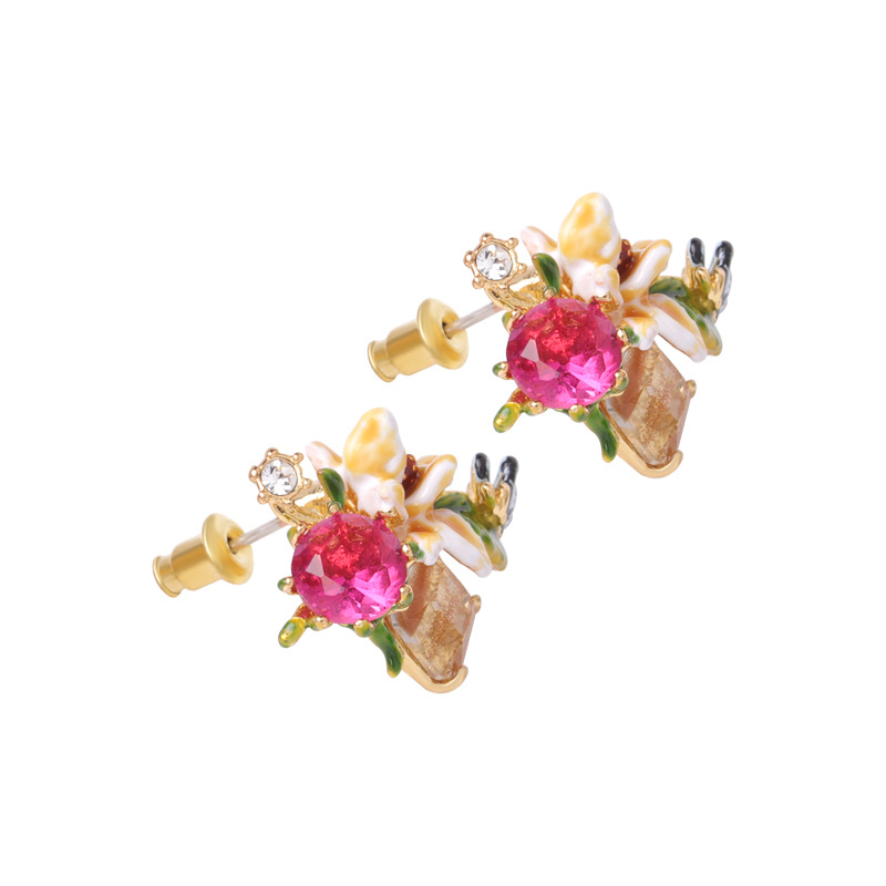 Flower Cherry Gem Enamel Earrings Jewelry Stud Earrings