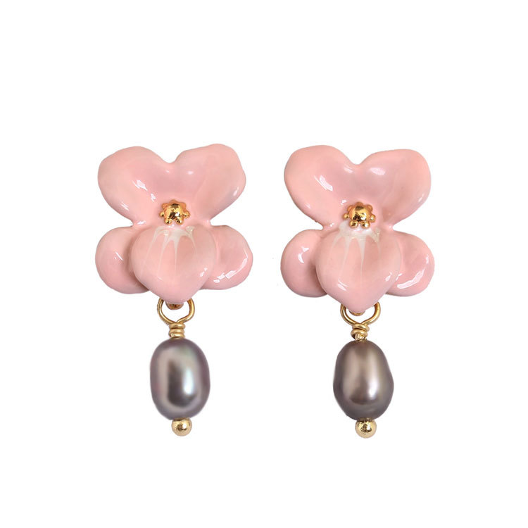 Flower Pearl Pendant Enamel Earrings Jewelry Stud Clip Hook Earrings