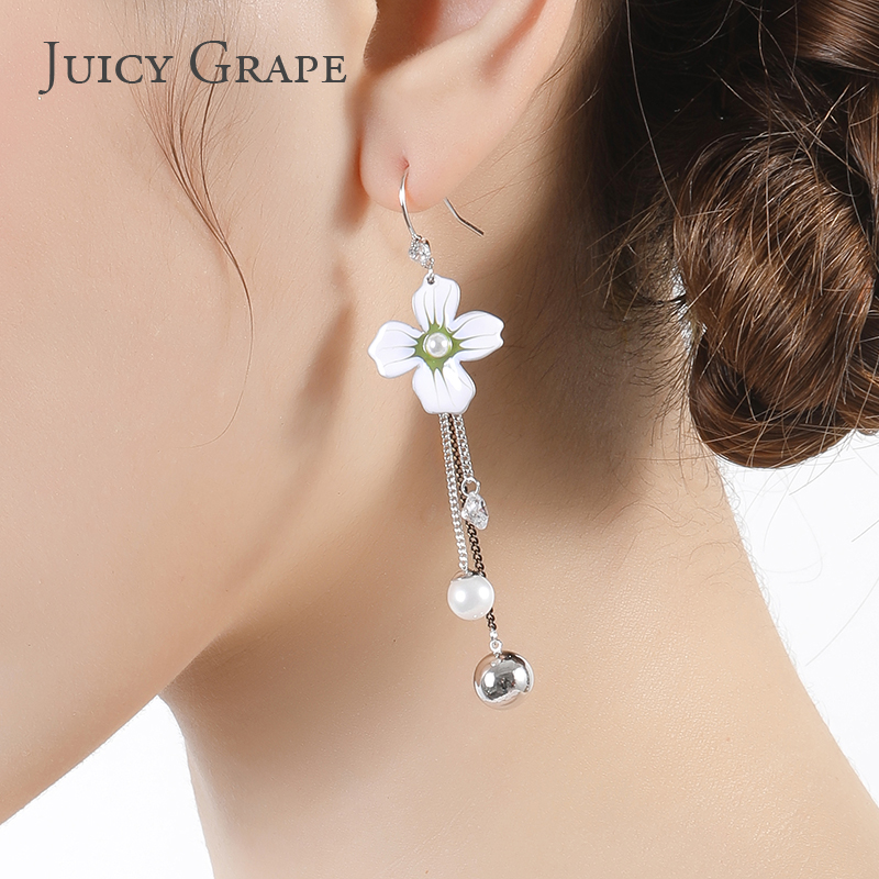 Enamel Glazed Daisy Flower Natural Pearl Tassel Hook Earrings