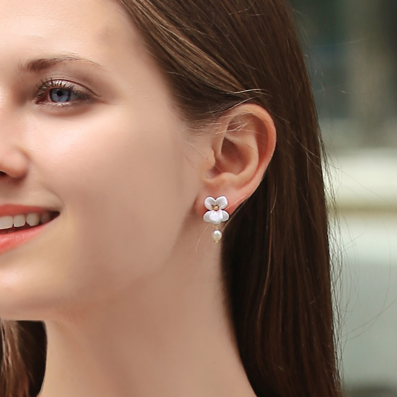Flower Pearl Pendant Enamel Earrings