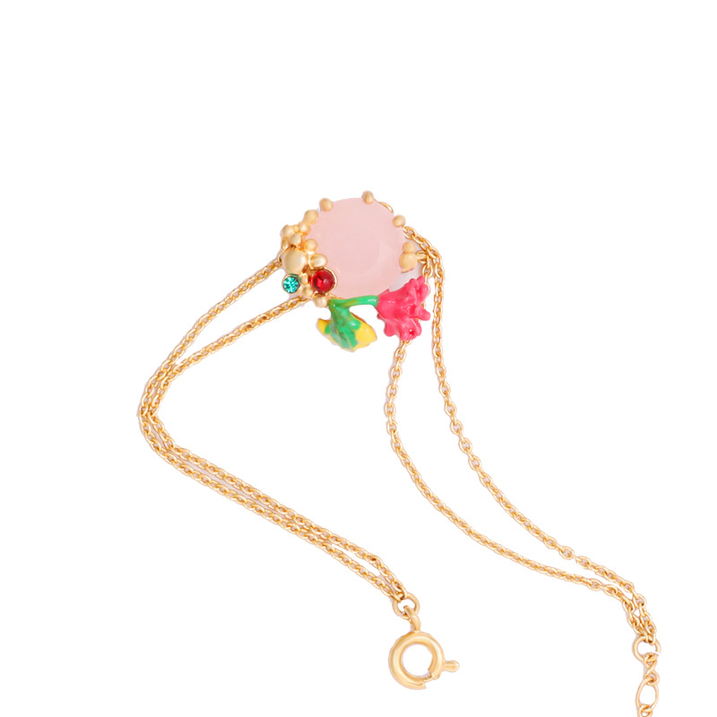 Flower Pink Gem Pendant Gold Plated Jewelry Enamel Bracelet