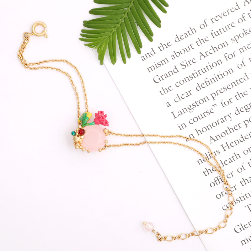 Flower Pink Gem Pendant Gold Plated Jewelry Enamel Bracelet