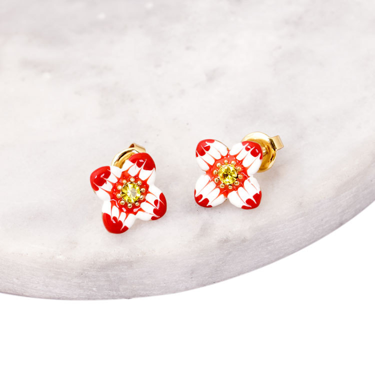 Flower Pendant Crystal 925 Sliver Enamel Earrings Jewelry Stud Earrings