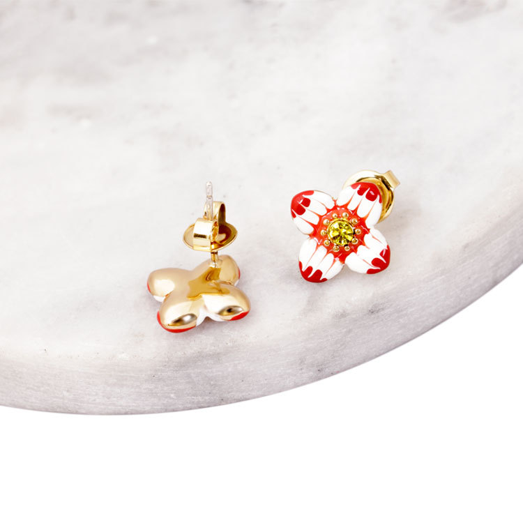 Flower Pendant Crystal 925 Sliver Enamel Earrings Jewelry Stud Earrings