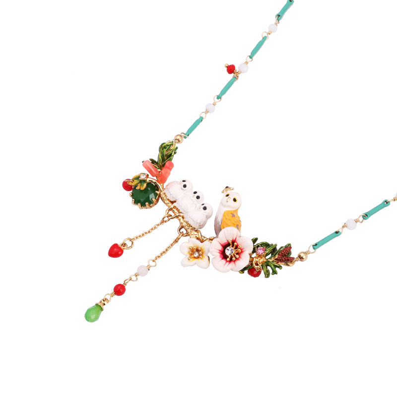 France Romantic Enamel Snowy Owl Baby Crystal Tassels Necklace