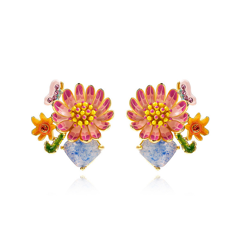 Pink Orange Colorful Flower Butterfly And Stone Enamel Stud Earrings Jewelry Gift