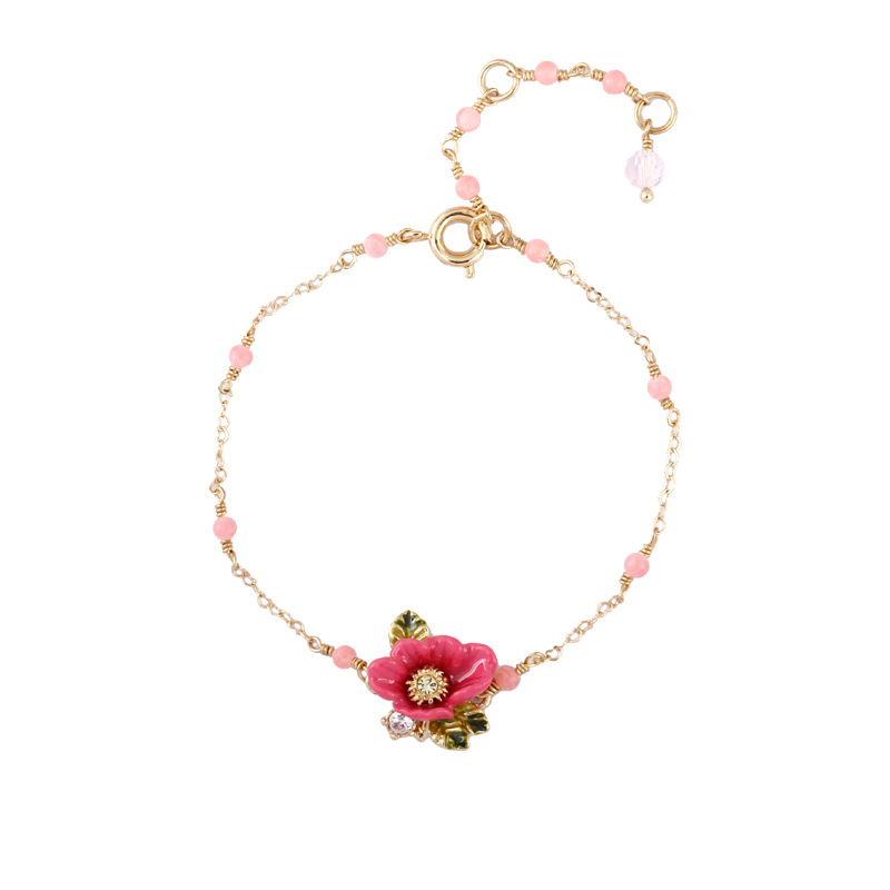 Pink Flower Green Leaf Pendant Gold Plated Jewelry Enamel Bracelet