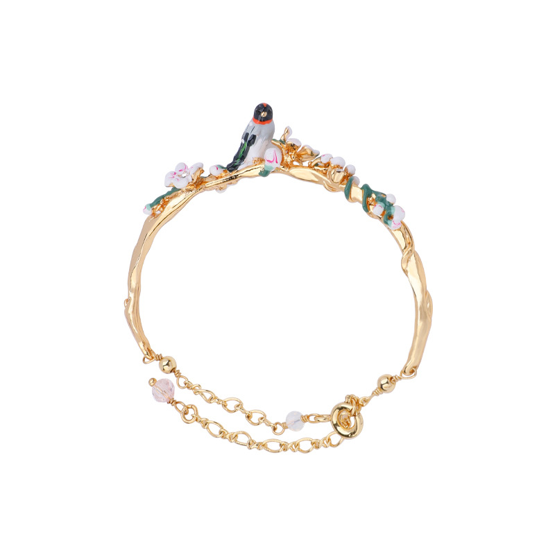 Bird Cherry Blossom Gold Plated Enamel Bracelet