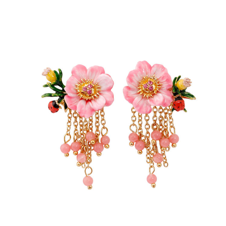 Pink Flower Ladybug Asymmetrical Enamel Earrings