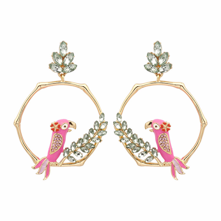Pink Parrot Bird And Crystal Stud Enamel Earrings