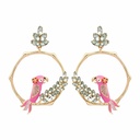 Pink Parrot Bird And Crystal Stud Enamel Earrings