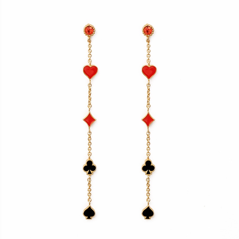 Poker Card Red Heart Long Tassel Enamel Stud Earrings Jewelry Gift