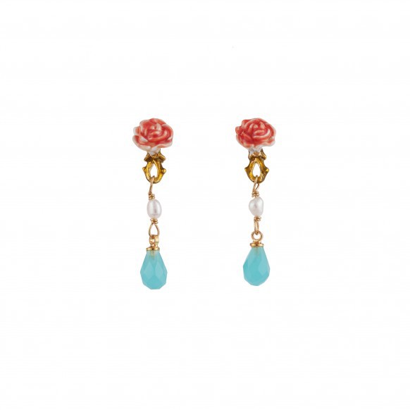 Red Flower Pearl Water-drop Enamel Earrings Jewelry Stud Earrings