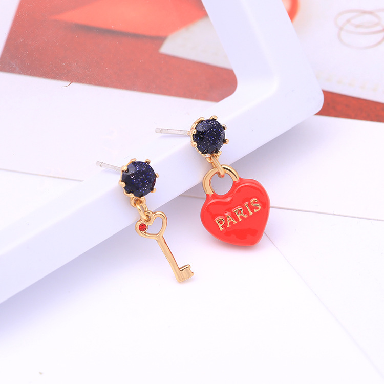 Red Heart Key And Stone Asymmetrical Enamel Dangle Earrings Jewelry Gift