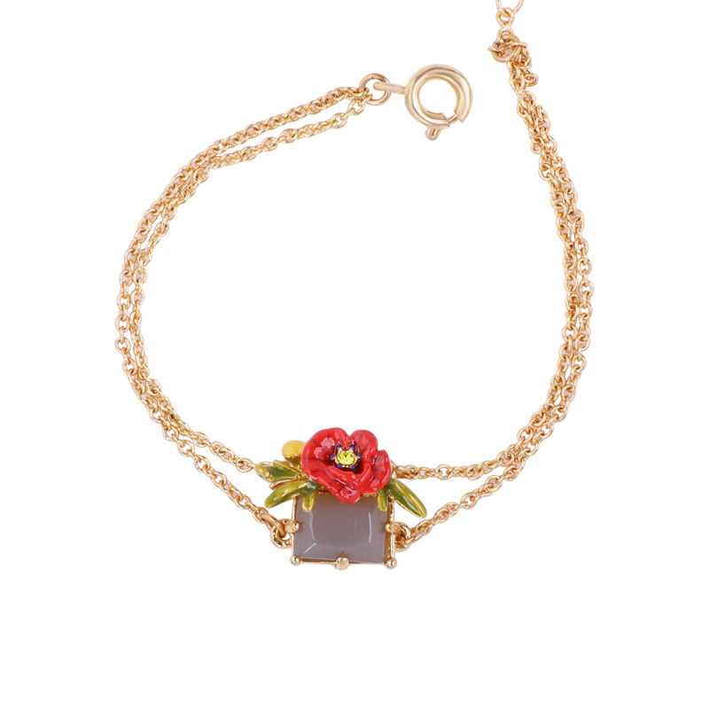Red Rose Gem Pendant Gold Plated Jewelry Enamel Bracelet