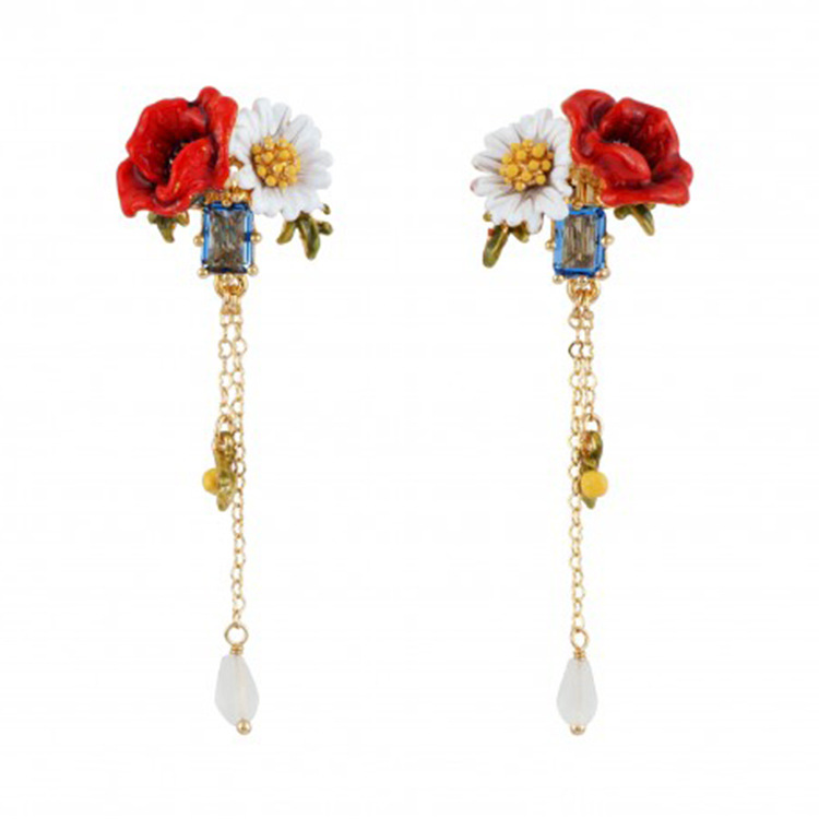 Rose and Daisy Flowers Long Tassel Enamel Earrings