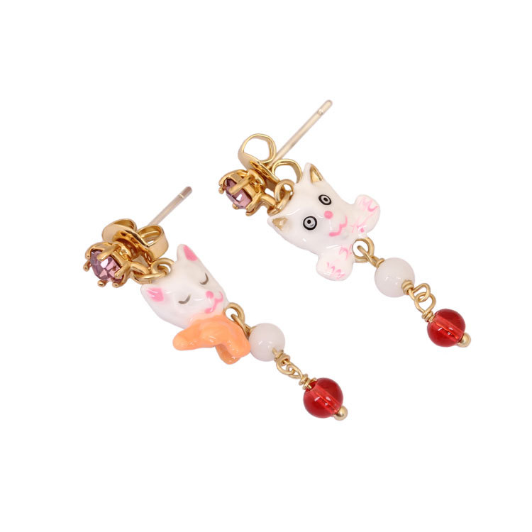 Cat kitty And Crystal Enamel Earrings