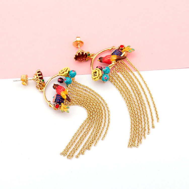 Colorful Bird Yellow Flower Long Tassel Enamel Dangle Earrings Jewelry Gift