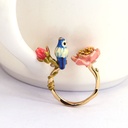 Pink Flower Blue Tit Bird Enamel Adjustable Ring