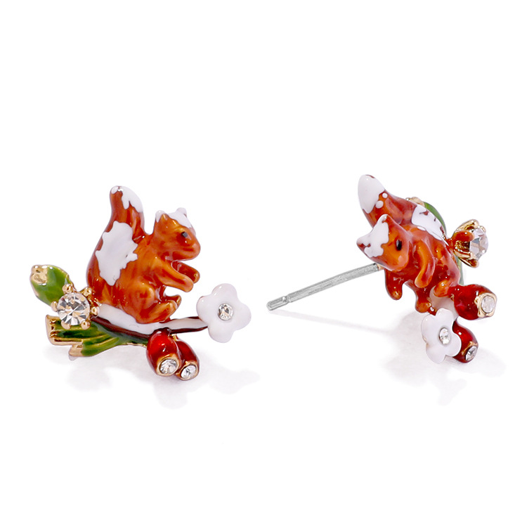 Squirrel and Branch Enamel Earrings