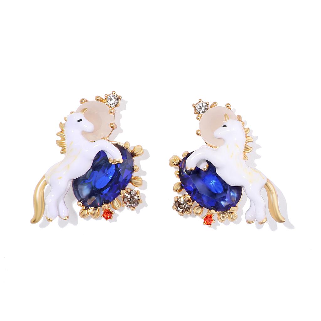 White Horse Unicorn And Blue Crystal Enamel Clip Earrings