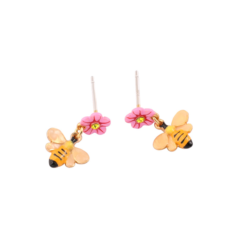 White Pink Flower Bee Enamel Earrings Jewelry Stud Earrings