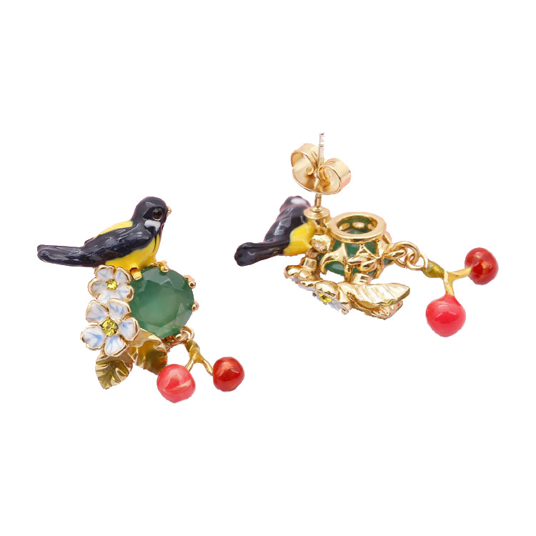 Yellow Ostrich Bird And Stone With Cherry Enamel Earrings