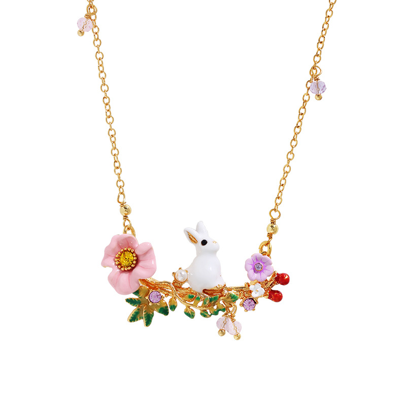 Cute Rabbit Bunny On A Flowering Branch Enamel Necklace