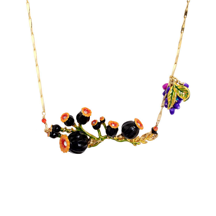 Black Poppy Flower Enamel Necklace